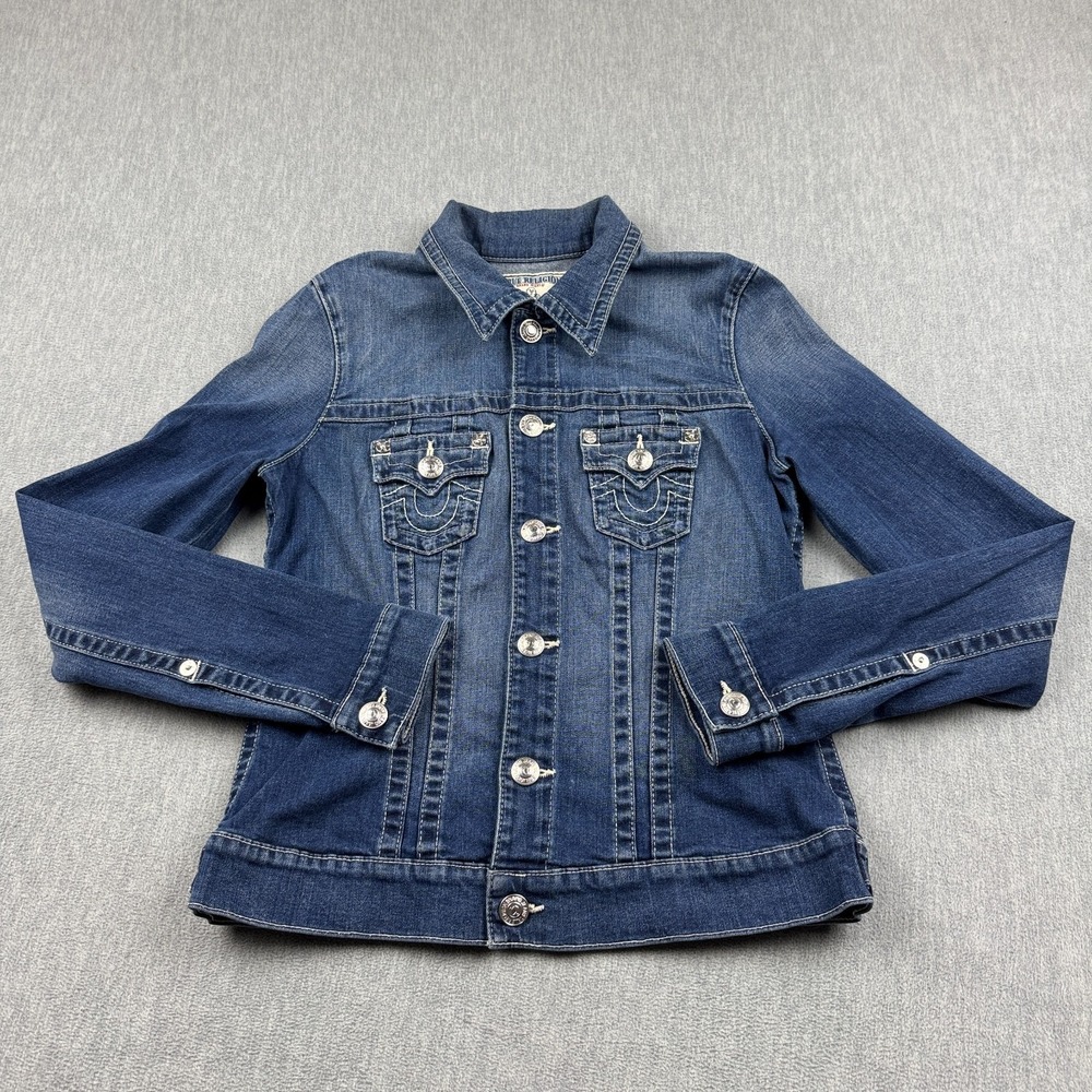 True Religion Trucker Jacket Womens Medium Blue Denim Jeans Super T Dark Wash